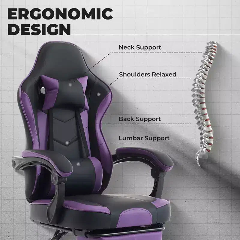 Sedia da gaming ergonomica con poggiapiedi e supporto lombare – Viola e Nera