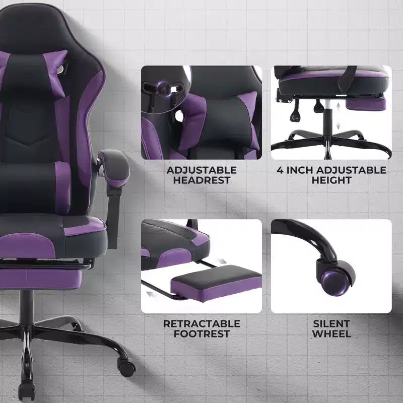 Sedia da gaming ergonomica con poggiapiedi e supporto lombare – Viola e Nera