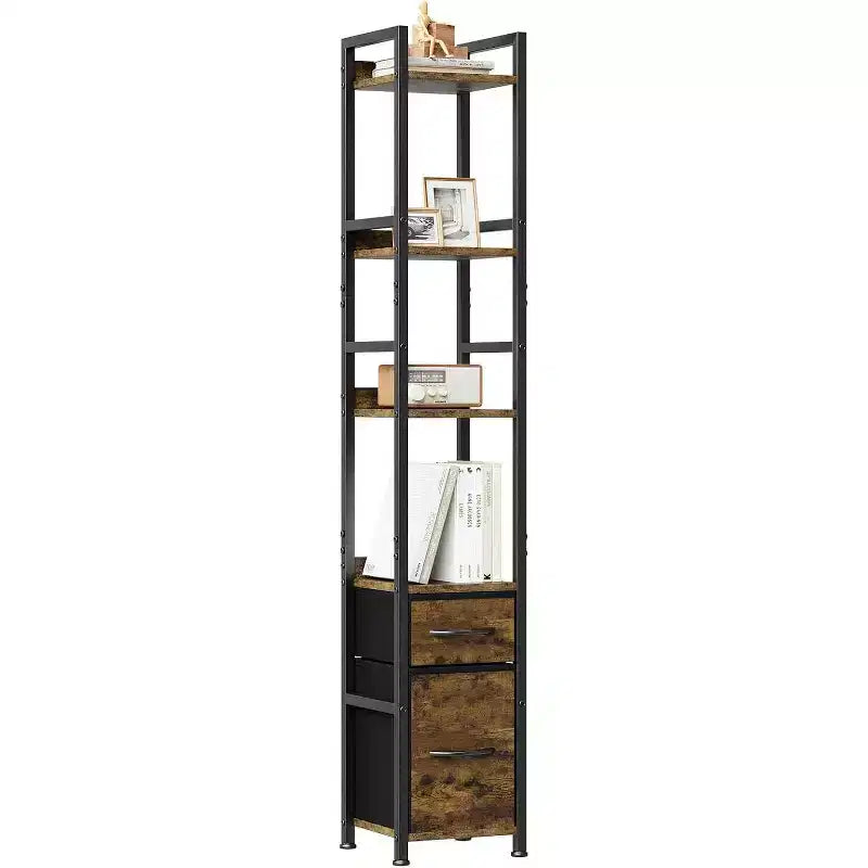 Industrial 4-Tier Bookcase, Tall Narrow Shelf with Fabric Drawers, Metal Frame Storage Organizer, for Living Room, Bedroom, or Office