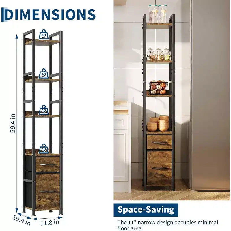 Libreria industriale a 4 ripiani, Scaffale alto e stretto con cassetti in tessuto, Organizer contenitore con struttura in metallo, per soggiorno, camera da letto o ufficio
